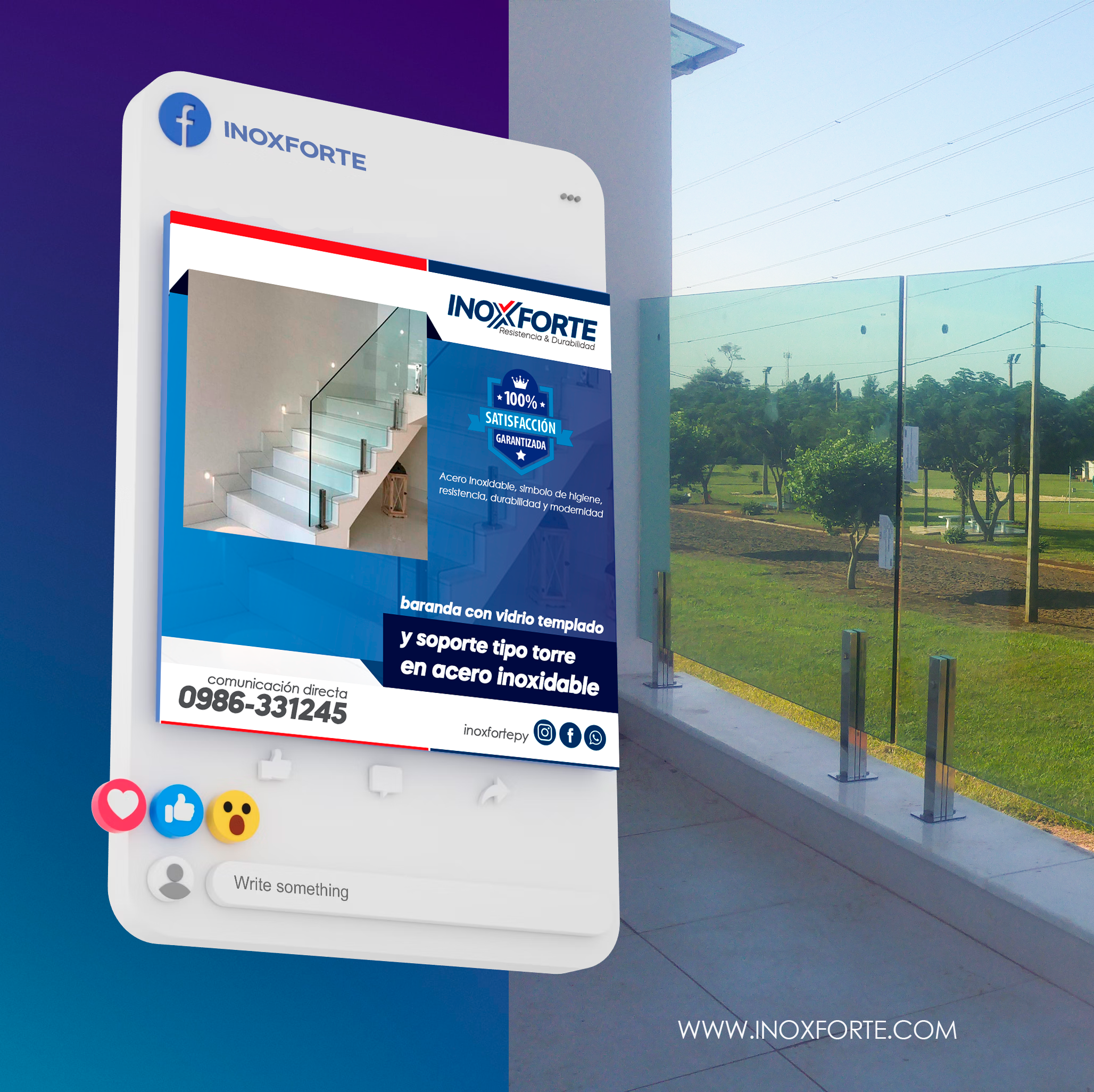 Baranda para balcón con vidrio templado y torre de fijación inox